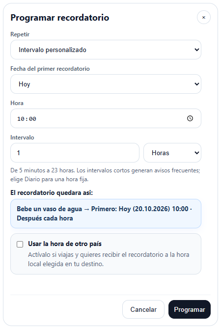 Programación de recordatorios recurrentes. Interfaz real de Enterla con datos de ejemplo.