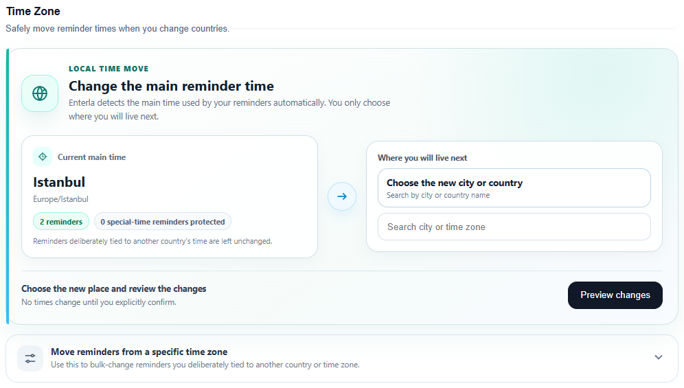Time-zone settings. Actual Enterla interface with sample data.
