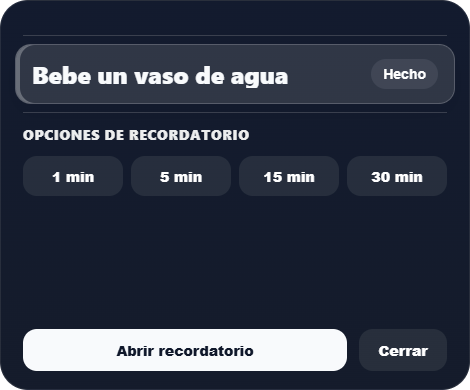 Tarjeta de recordatorio de Windows. Interfaz real de Enterla con datos de ejemplo.