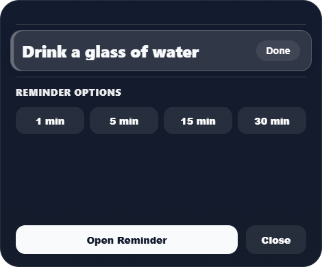 Windows reminder card. Actual Enterla interface with sample data.