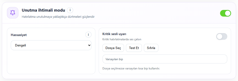 Unutma ihtimali modu. Gerçek Enterla arayüzü; örnek veriler.