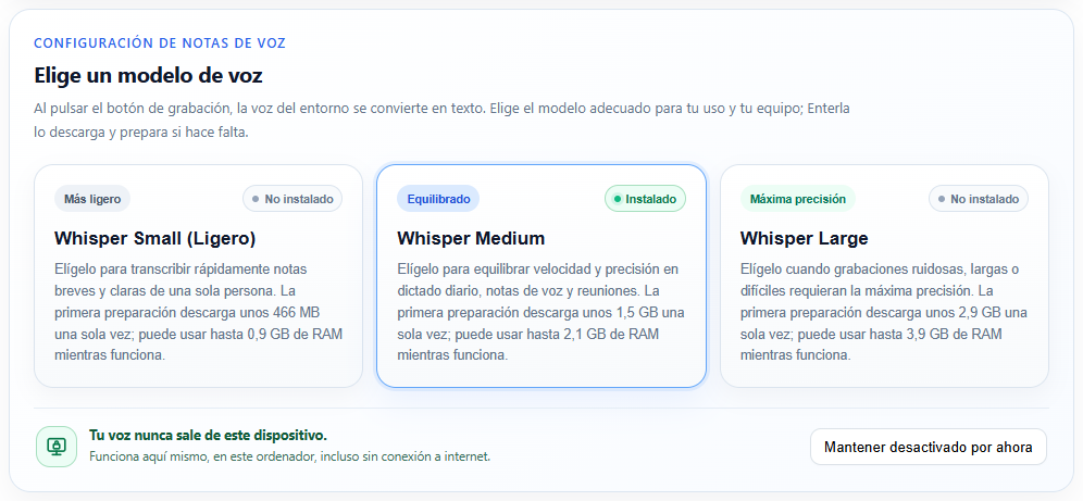 Whisper · selección del modelo local. Interfaz real de Enterla con datos de ejemplo.