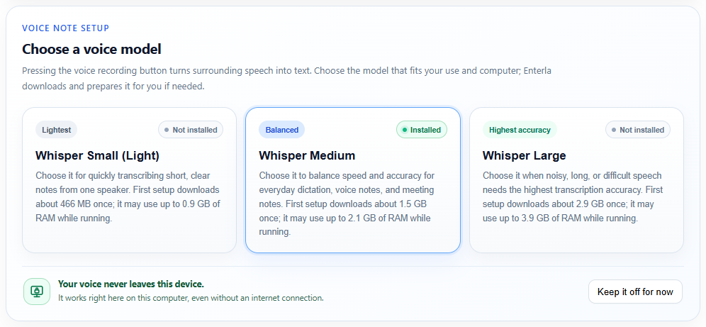 Whisper · local voice model selection. Actual Enterla interface with sample data.