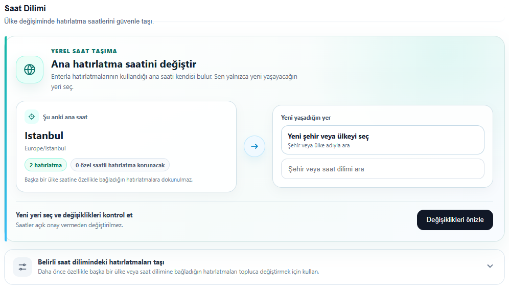 Saat dilimi ayarları. Gerçek Enterla arayüzü; örnek veriler.