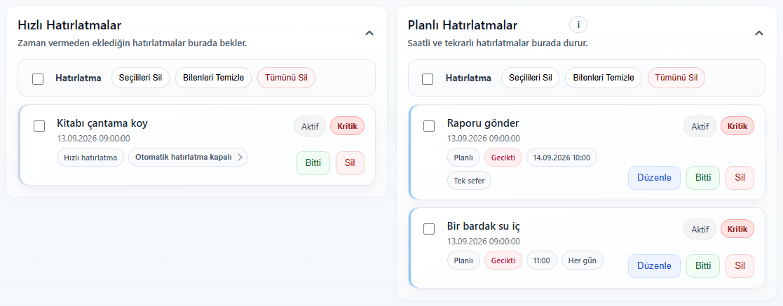 Hatırlatma Merkezi. Gerçek Enterla arayüzü; örnek veriler.