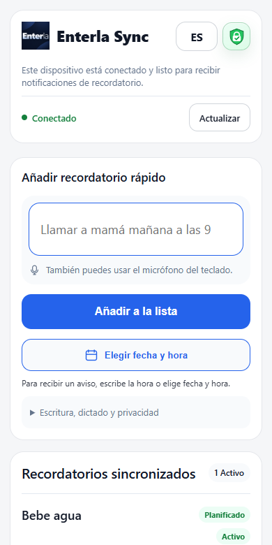 Pantalla actual de recordatorios de Enterla Sync con datos de ejemplo.