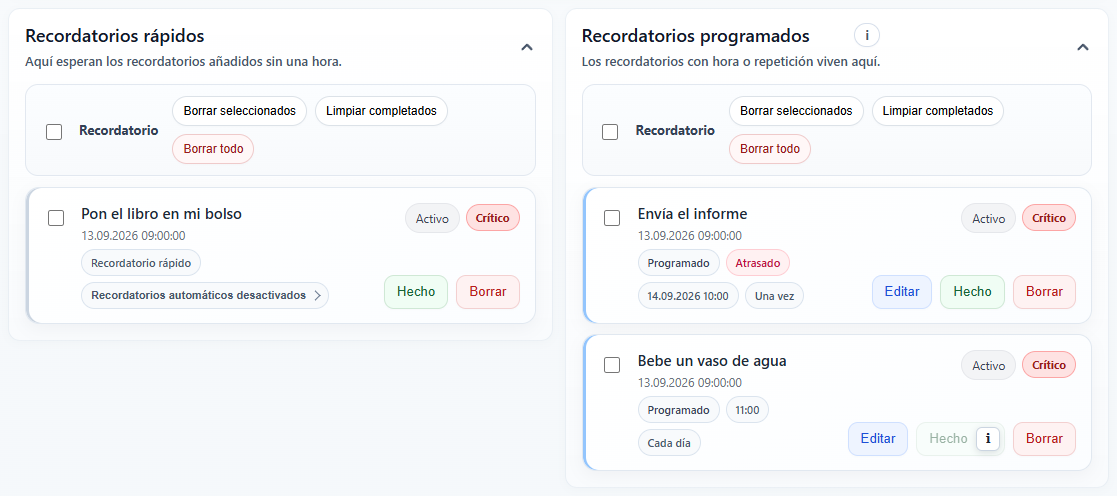 Centro de recordatorios. Interfaz real de Enterla con datos de ejemplo.