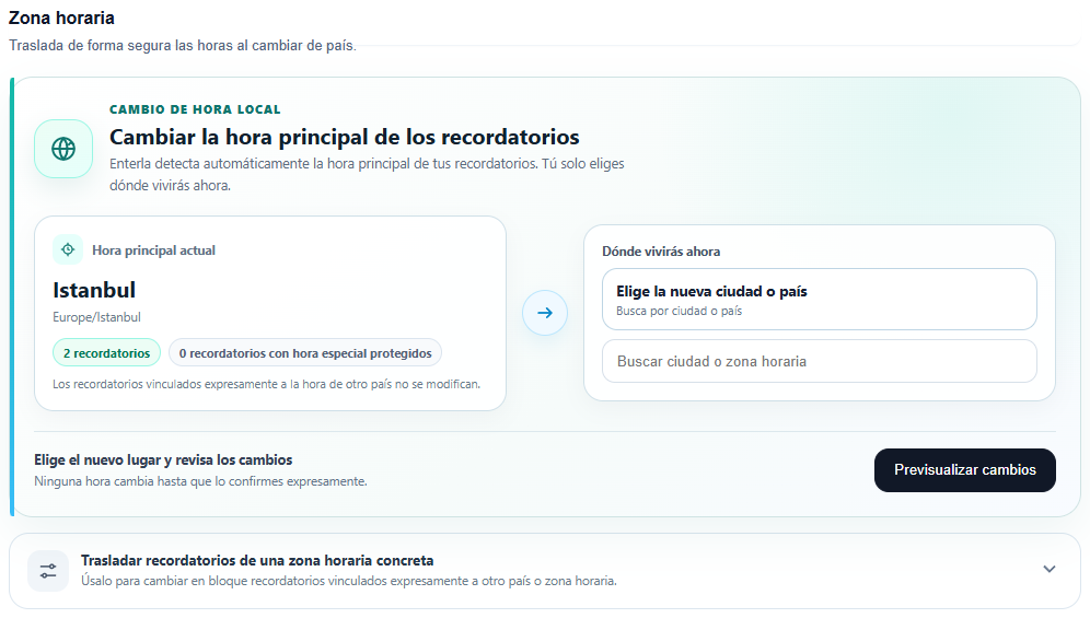 Ajustes de zona horaria. Interfaz real de Enterla con datos de ejemplo.